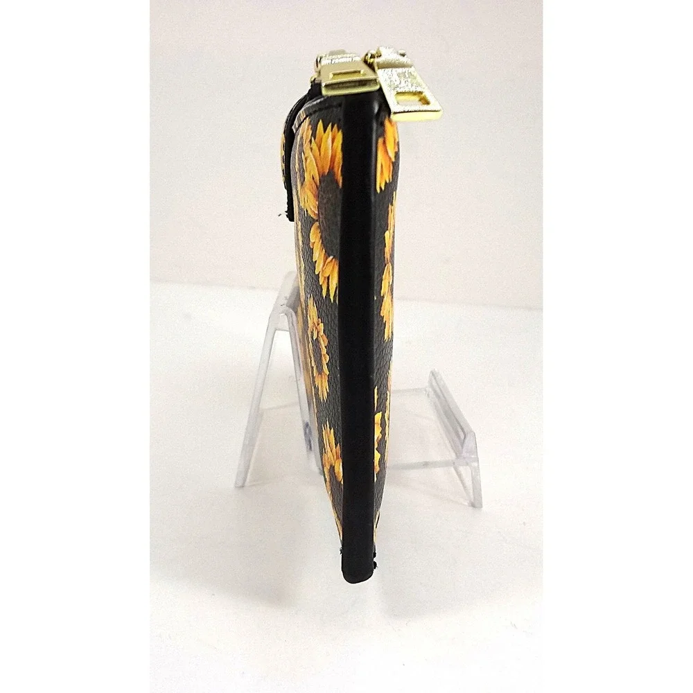 Sunflower Print Slim Bifold Wallet Black Yellow Faux Leather Dual‎ Zip Organizer
